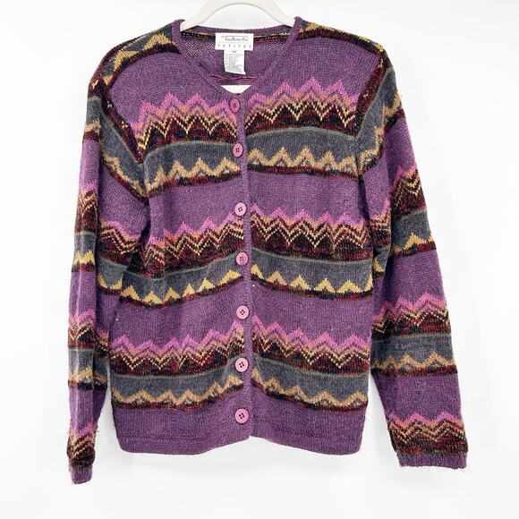 Talbots‎ Womens Vintage Preppy Striped Geo Wool Mohair Blend Cardigan Sweater PM - Picture 1 of 5